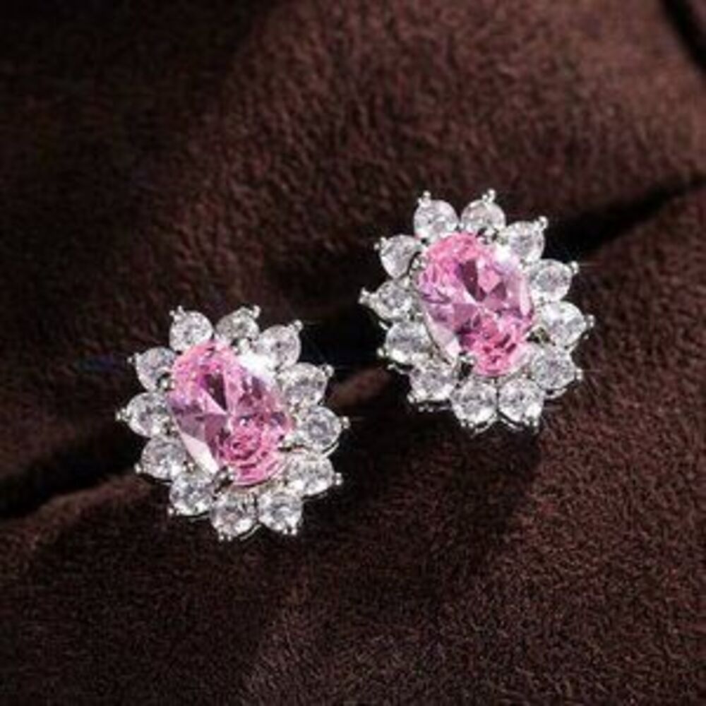 18k White Gold Pink Sapphire Diamond Earrings Oval Cut Earrings